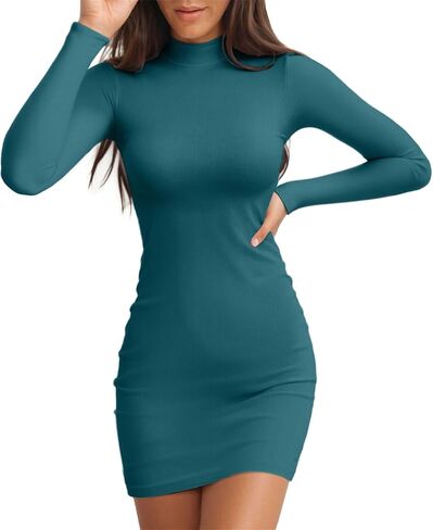Valiamcep Women's Long Sleeve Dress Mock Neck Basic Ribbed Slim Fit Bodycon Mini Pencil Dresses in Saudi Arabia