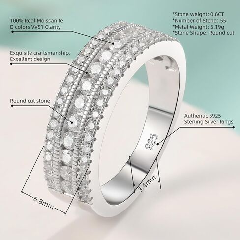 Moissanite Wedding Band Eternity Rings for Women Round Cut 925 Sterling Silver Engagement Anniversary Size 5-10 in Saudi Arabia