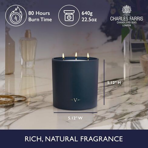 شمعة معطرة فاخرة من تشارلز فاريس - 3 فتائل، مصبوبة يدويًا، تدوم طويلاً، حرق نظيف، 640 جم / 22.5 أونصة، حرق يصل إلى 80 ساعة، صنع في إنجلترا - زهر البرتقال، الياسمين، التوت الأخضر - إليزابيث in Saudi Arabia