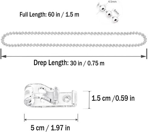 #10 Stainless Steel Continuous Blind Chain for Clutch Roller Window Shade, Roller Shade Chain (Drop 60"), Endless Blinds Beaded Chain with 1 PCS P Clip Fixation Hook and 2 PCS Connectors in Saudi Arabia
