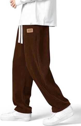 Mens Corduroy Pants Drawstring Elastic Waist Casual Pants Straight Baggy Sweatpants with Pockets in Kuwait