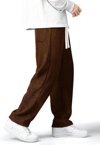 Mens Corduroy Pants Drawstring Elastic Waist Casual Pants Straight Baggy Sweatpants with Pockets in Kuwait