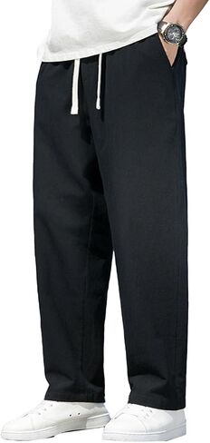 Mens Casual Linen Pants Loose Fit Elastic Drawstring Waist Straight-Legs Summer Yoga Beach Long Pants Ankle Pants in Saudi Arabia