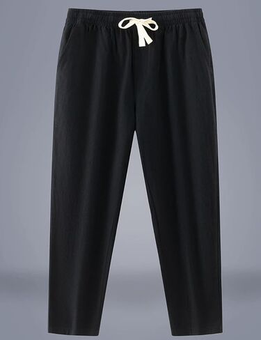 Mens Casual Linen Pants Loose Fit Elastic Drawstring Waist Straight-Legs Summer Yoga Beach Long Pants Ankle Pants in Saudi Arabia