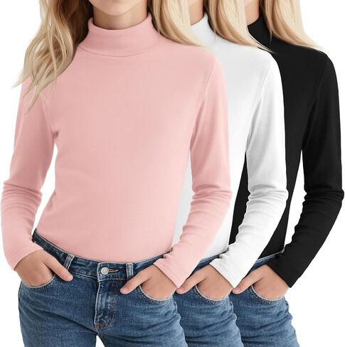 3 Pack Girls' Mock Turtleneck Long Sleeve T-Shirt Kids Warm Soft Tops Slim Fit Basic Layer Fall Winter Tees in Saudi Arabia