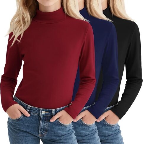3 Pack Girls' Mock Turtleneck Long Sleeve T-Shirt Kids Warm Soft Tops Slim Fit Basic Layer Fall Winter Tees in Saudi Arabia