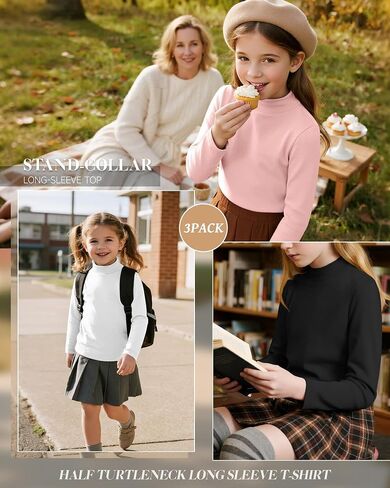 3 Pack Girls' Mock Turtleneck Long Sleeve T-Shirt Kids Warm Soft Tops Slim Fit Basic Layer Fall Winter Tees in Saudi Arabia