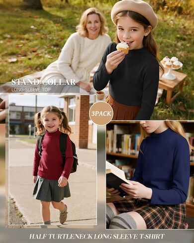 3 Pack Girls' Mock Turtleneck Long Sleeve T-Shirt Kids Warm Soft Tops Slim Fit Basic Layer Fall Winter Tees in Saudi Arabia