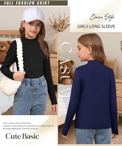 3 Pack Girls' Mock Turtleneck Long Sleeve T-Shirt Kids Warm Soft Tops Slim Fit Basic Layer Fall Winter Tees in Saudi Arabia