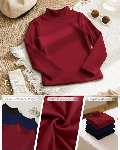 3 Pack Girls' Mock Turtleneck Long Sleeve T-Shirt Kids Warm Soft Tops Slim Fit Basic Layer Fall Winter Tees in Saudi Arabia