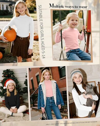 3 Pack Girls' Mock Turtleneck Long Sleeve T-Shirt Kids Warm Soft Tops Slim Fit Basic Layer Fall Winter Tees in Saudi Arabia