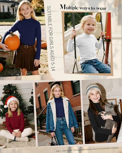 3 Pack Girls' Mock Turtleneck Long Sleeve T-Shirt Kids Warm Soft Tops Slim Fit Basic Layer Fall Winter Tees in Saudi Arabia