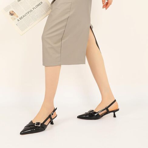 Esvowido Women Slingback Kitten Heels Pointed Toe Low Heel Pumps Adjustable Buckle Straps for Work Party Casual Outfit in Kuwait