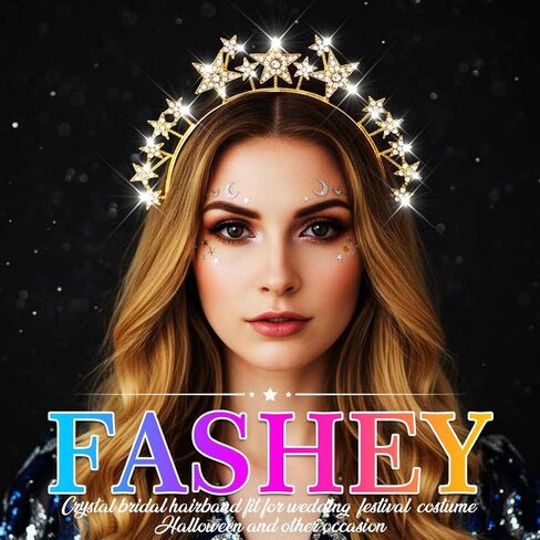 Fashey هالو تاج عقال حجر الراين ستار تاج عصابات رأس آلهة هالو تاج زي بوهو الزفاف خوذة الزفاف إكسسوارات الشعر للنساء والفتيات (فضي) in Kuwait