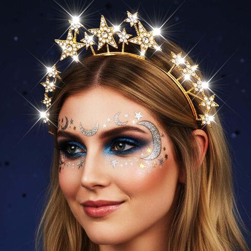 Fashey هالو تاج عقال حجر الراين ستار تاج عصابات رأس آلهة هالو تاج زي بوهو الزفاف خوذة الزفاف إكسسوارات الشعر للنساء والفتيات (فضي) in Kuwait