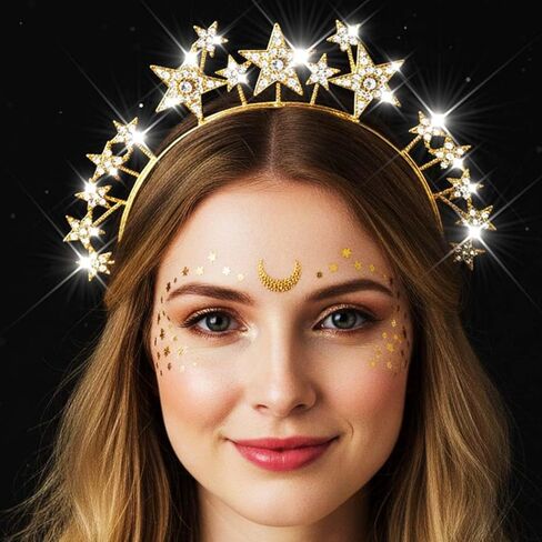 Fashey هالو تاج عقال حجر الراين ستار تاج عصابات رأس آلهة هالو تاج زي بوهو الزفاف خوذة الزفاف إكسسوارات الشعر للنساء والفتيات (فضي) in Kuwait