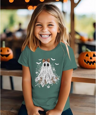 Halloween Shirts for Girls Floral Bow Lace Ghost T-Shirt Kid Spooky Season Outfit Boho Short Sleeve Tees Fall Tops in Saudi Arabia
