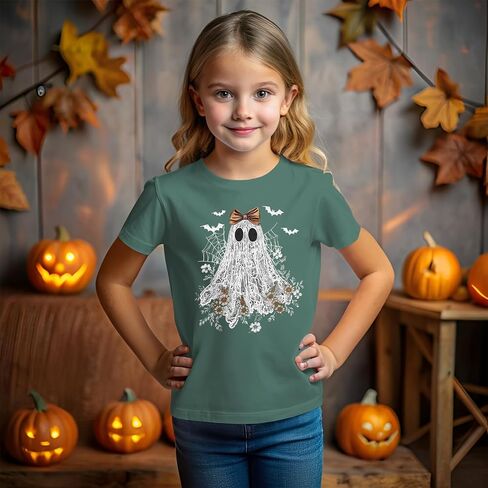 Halloween Shirts for Girls Floral Bow Lace Ghost T-Shirt Kid Spooky Season Outfit Boho Short Sleeve Tees Fall Tops in Saudi Arabia