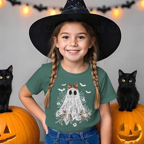 Halloween Shirts for Girls Floral Bow Lace Ghost T-Shirt Kid Spooky Season Outfit Boho Short Sleeve Tees Fall Tops in Saudi Arabia