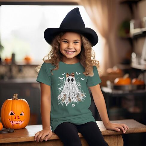Halloween Shirts for Girls Floral Bow Lace Ghost T-Shirt Kid Spooky Season Outfit Boho Short Sleeve Tees Fall Tops in Saudi Arabia