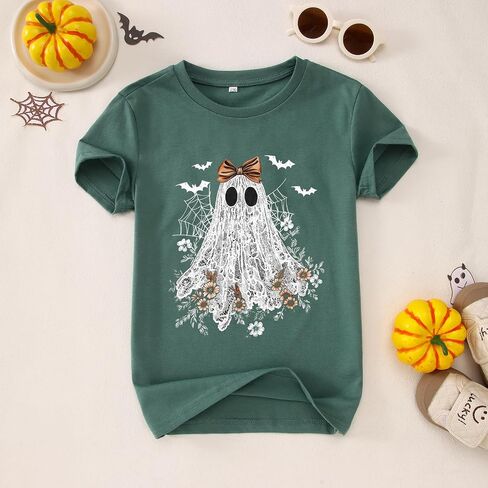 Halloween Shirts for Girls Floral Bow Lace Ghost T-Shirt Kid Spooky Season Outfit Boho Short Sleeve Tees Fall Tops in Saudi Arabia