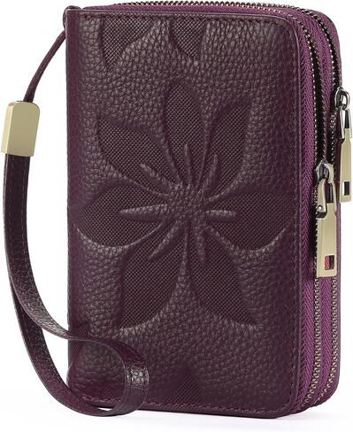 Double Zip Around Genuine Leather Wallet for Women RFID Blocking Wristlet Purse Medium Size Black (Black) in Saudi Arabia