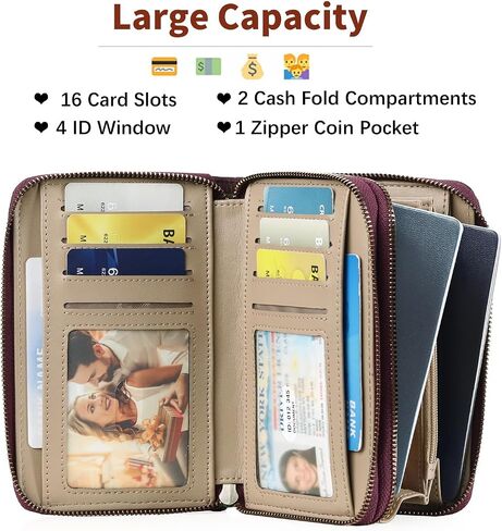 Double Zip Around Genuine Leather Wallet for Women RFID Blocking Wristlet Purse Medium Size Black (Black) in Saudi Arabia