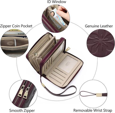 Double Zip Around Genuine Leather Wallet for Women RFID Blocking Wristlet Purse Medium Size Black (Black) in Saudi Arabia