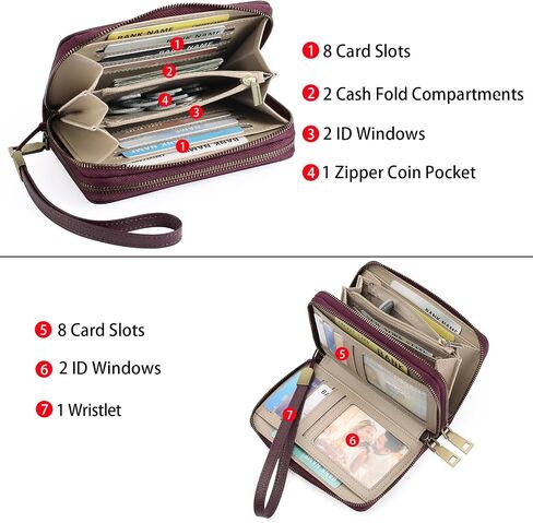 Double Zip Around Genuine Leather Wallet for Women RFID Blocking Wristlet Purse Medium Size Black (Black) in Saudi Arabia