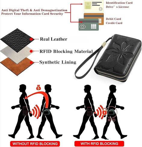 Double Zip Around Genuine Leather Wallet for Women RFID Blocking Wristlet Purse Medium Size Black (Black) in Saudi Arabia