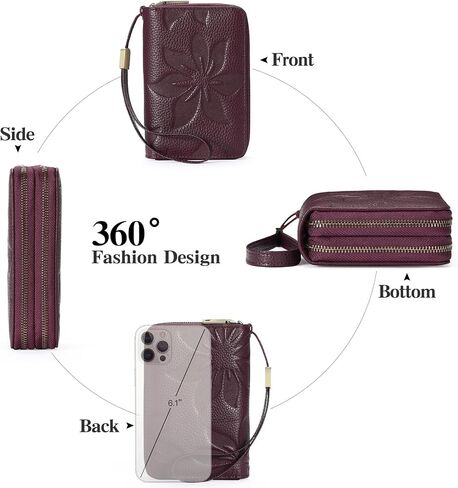 Double Zip Around Genuine Leather Wallet for Women RFID Blocking Wristlet Purse Medium Size Black (Black) in Saudi Arabia