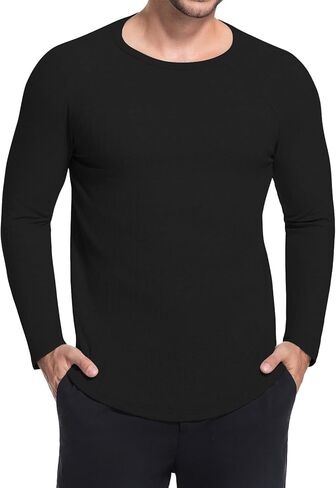 YTD Mens Long Sleeve Muscle T Shirts Casual Crewneck Raglan Tops Longline Ribbed Tee Shirts for Gym Workout in Kuwait