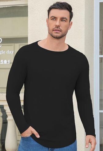 YTD Mens Long Sleeve Muscle T Shirts Casual Crewneck Raglan Tops Longline Ribbed Tee Shirts for Gym Workout in Kuwait