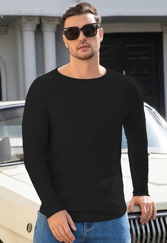 YTD Mens Long Sleeve Muscle T Shirts Casual Crewneck Raglan Tops Longline Ribbed Tee Shirts for Gym Workout in Kuwait