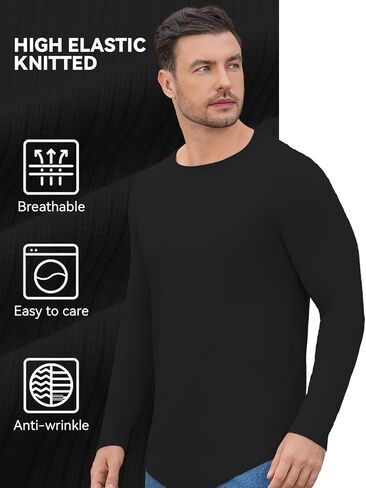 YTD Mens Long Sleeve Muscle T Shirts Casual Crewneck Raglan Tops Longline Ribbed Tee Shirts for Gym Workout in Kuwait