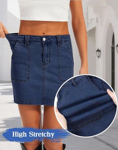 Denim Skirts for Women Stretchy High Waisted Jean Skirt with Large Pockets Casual Cute Denim Skirt in Kuwait