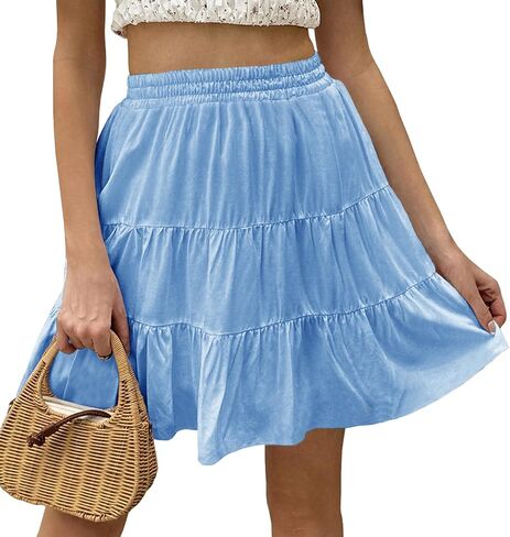 Tsher Women's High Elastic Waist Ruffle Casual Boho A-line Mini Skirts 0328 in Saudi Arabia