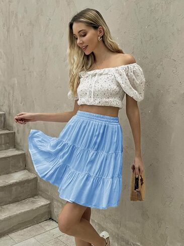 Tsher Women's High Elastic Waist Ruffle Casual Boho A-line Mini Skirts 0328 in Saudi Arabia