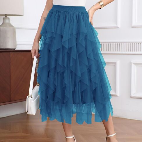 Girstunm Layered Mesh Skirt for Women Midi Length High Waisted A-line Skirts Fairy Halloween Costume in Saudi Arabia