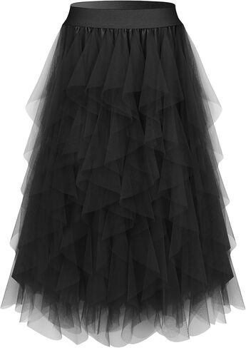 Girstunm Layered Mesh Skirt for Women Midi Length High Waisted A-line Skirts Fairy Halloween Costume in Saudi Arabia