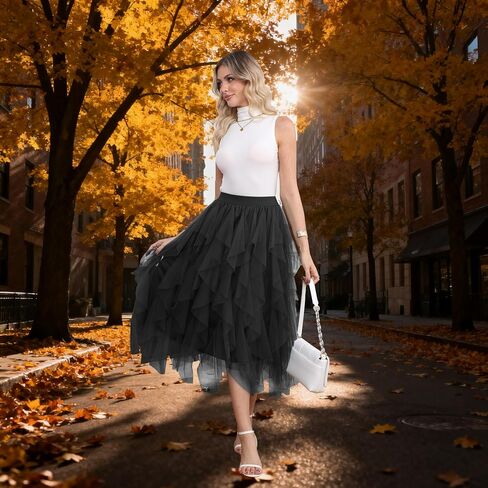 Girstunm Layered Mesh Skirt for Women Midi Length High Waisted A-line Skirts Fairy Halloween Costume in Saudi Arabia