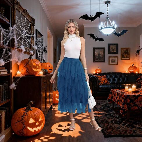 Girstunm Layered Mesh Skirt for Women Midi Length High Waisted A-line Skirts Fairy Halloween Costume in Saudi Arabia