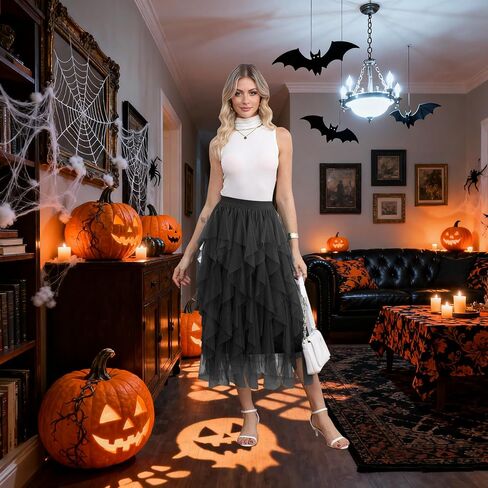Girstunm Layered Mesh Skirt for Women Midi Length High Waisted A-line Skirts Fairy Halloween Costume in Saudi Arabia