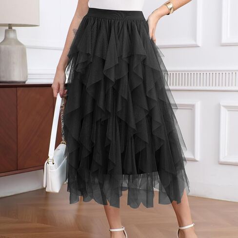 Girstunm Layered Mesh Skirt for Women Midi Length High Waisted A-line Skirts Fairy Halloween Costume in Saudi Arabia