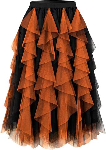 Girstunm Layered Mesh Skirt for Women Midi Length High Waisted A-line Skirts Fairy Halloween Costume in Saudi Arabia
