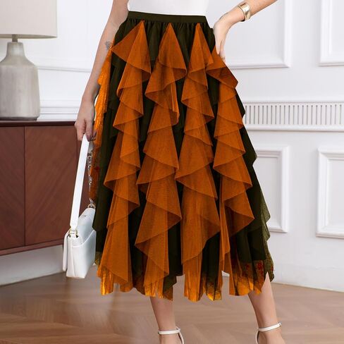Girstunm Layered Mesh Skirt for Women Midi Length High Waisted A-line Skirts Fairy Halloween Costume in Saudi Arabia