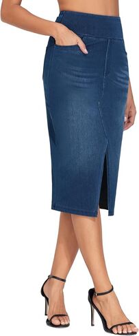 THE GYM PEOPLE Women's High Waisted Stretchy Jean Skirts Front Slit Midi Denim Skirt with Pockets in Kuwait