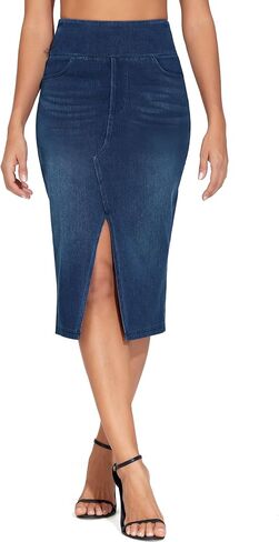 THE GYM PEOPLE Women's High Waisted Stretchy Jean Skirts Front Slit Midi Denim Skirt with Pockets in Kuwait