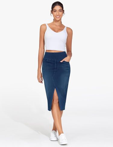 THE GYM PEOPLE Women's High Waisted Stretchy Jean Skirts Front Slit Midi Denim Skirt with Pockets in Kuwait