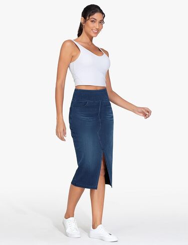 THE GYM PEOPLE Women's High Waisted Stretchy Jean Skirts Front Slit Midi Denim Skirt with Pockets in Kuwait